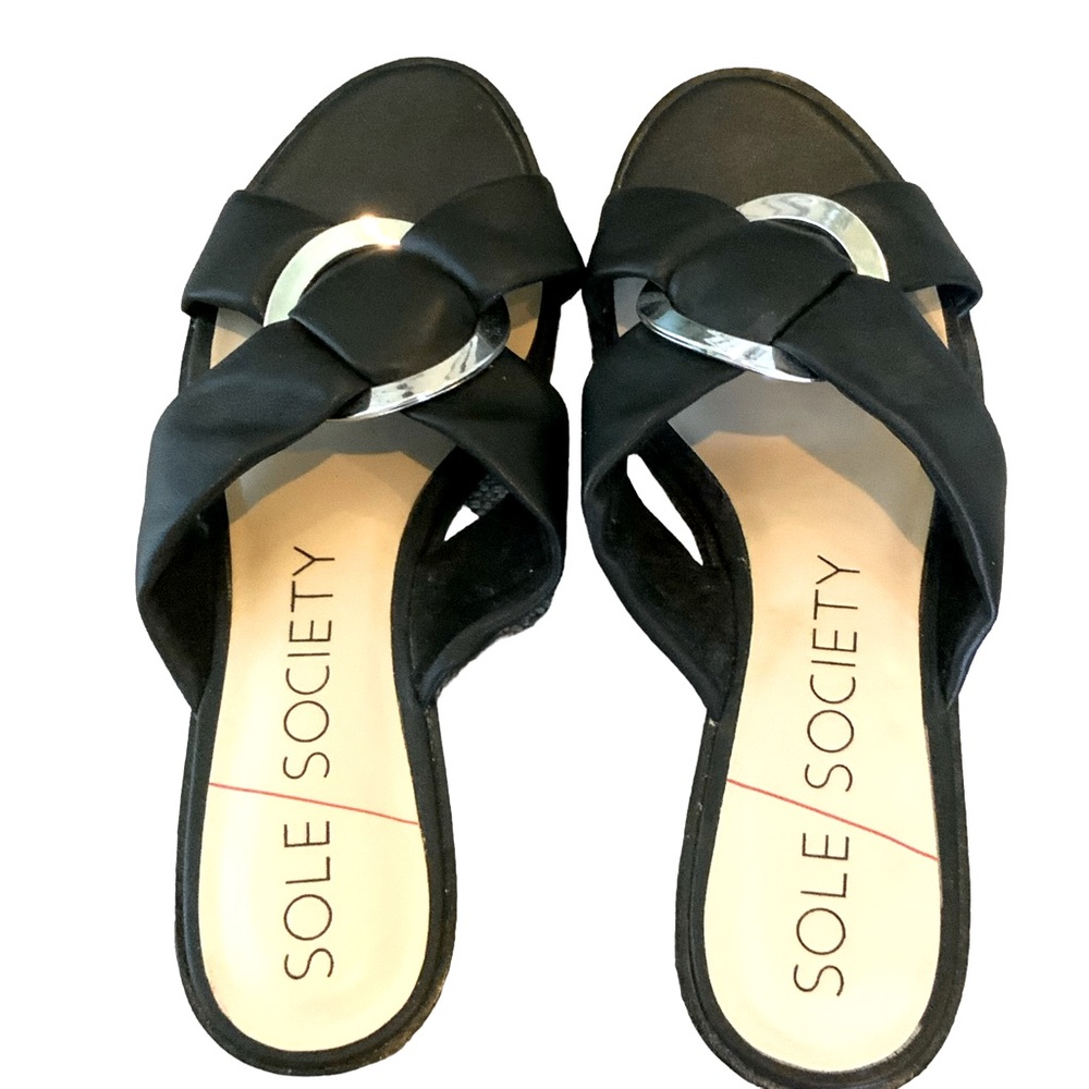 Sole Society Sandals Black and Silver Slides Flats Open Toes Comfy Size 9.5 - Picture 2 of 7